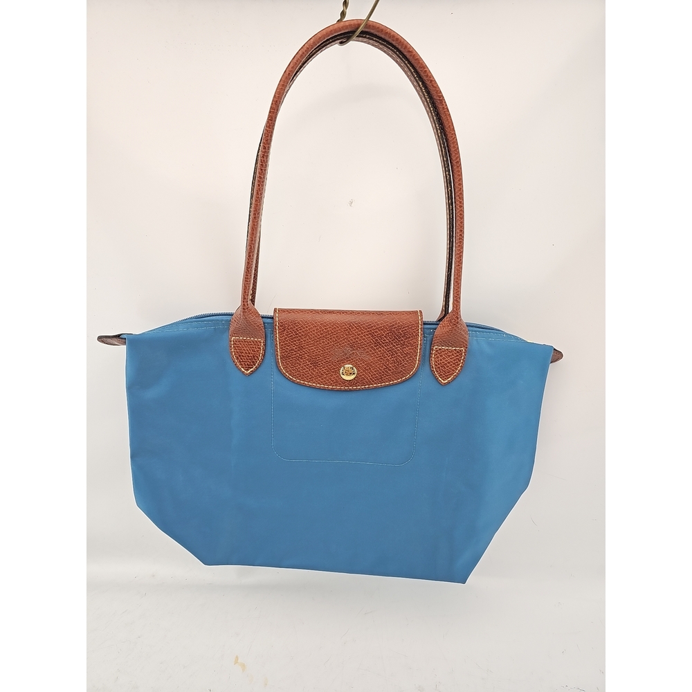 Longchamp Blue Nylon Tote with Brown Leather Handles